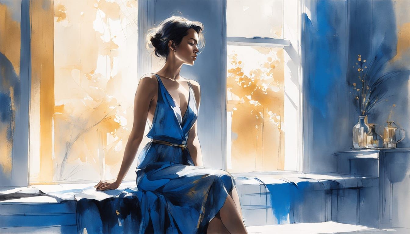 Woman on Window Sill in Ink Sketch Style