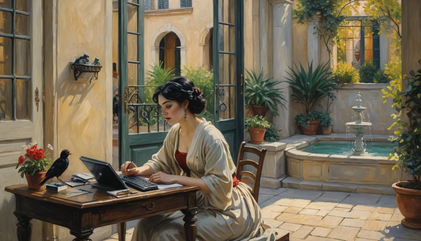 Roman Woman at Computer: An Impressionist Painting