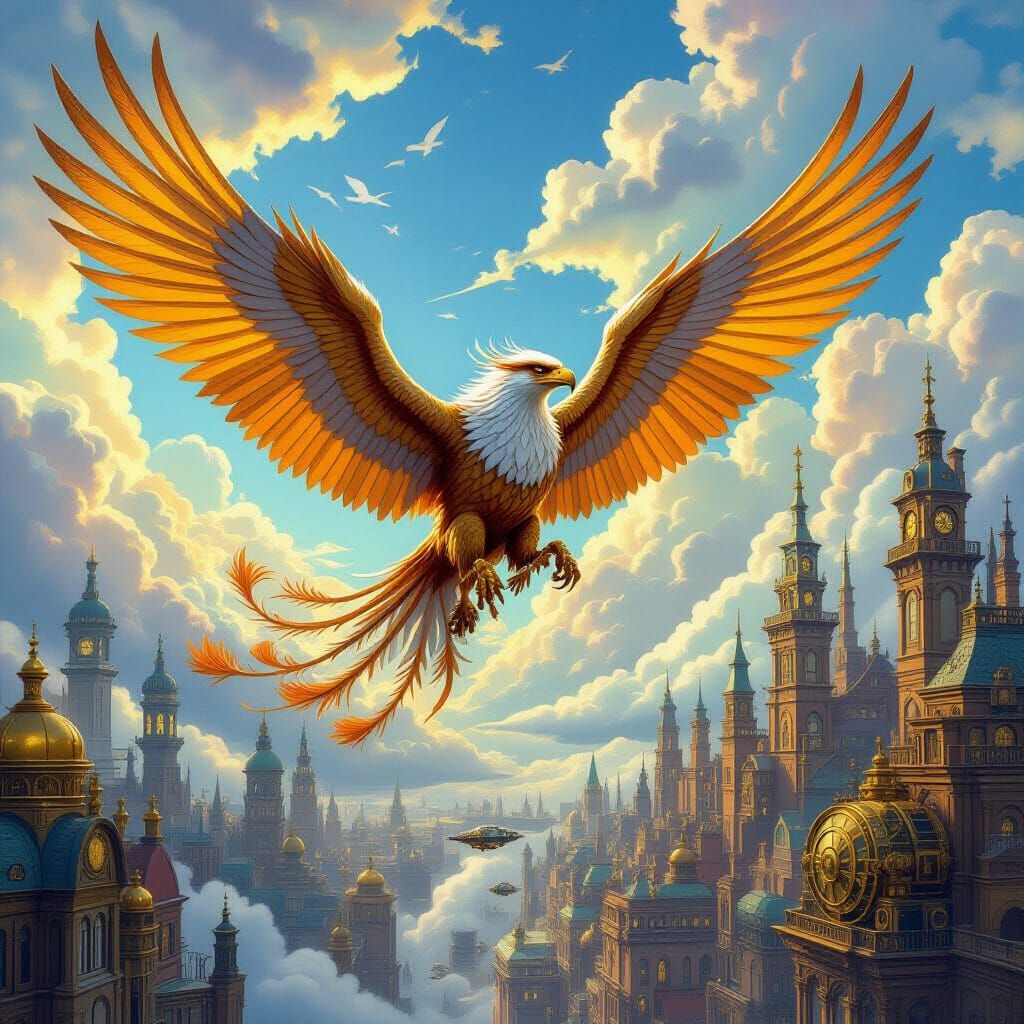 Griffin Soaring Over Steampunk Cityscape with Clockwork Wing...
