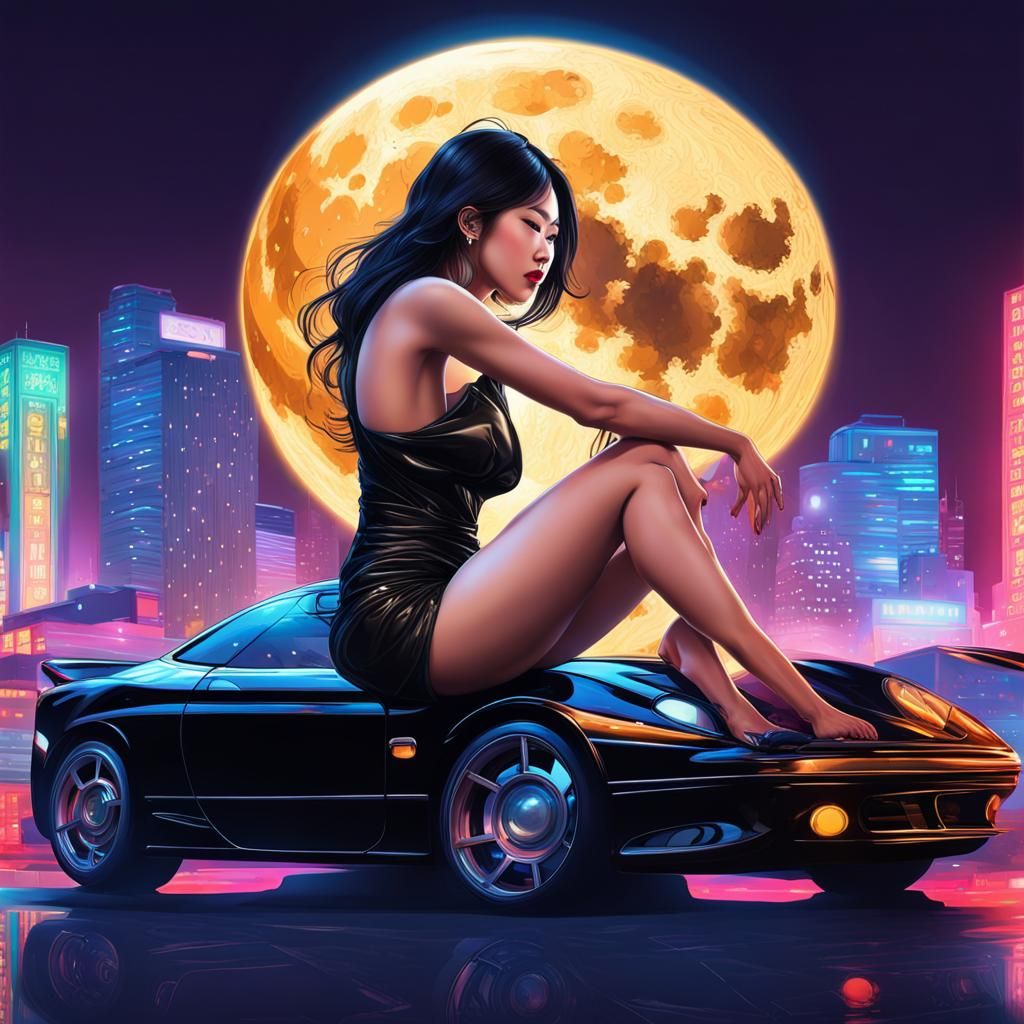 Asian Woman on Neon Car in Hyperrealistic Style