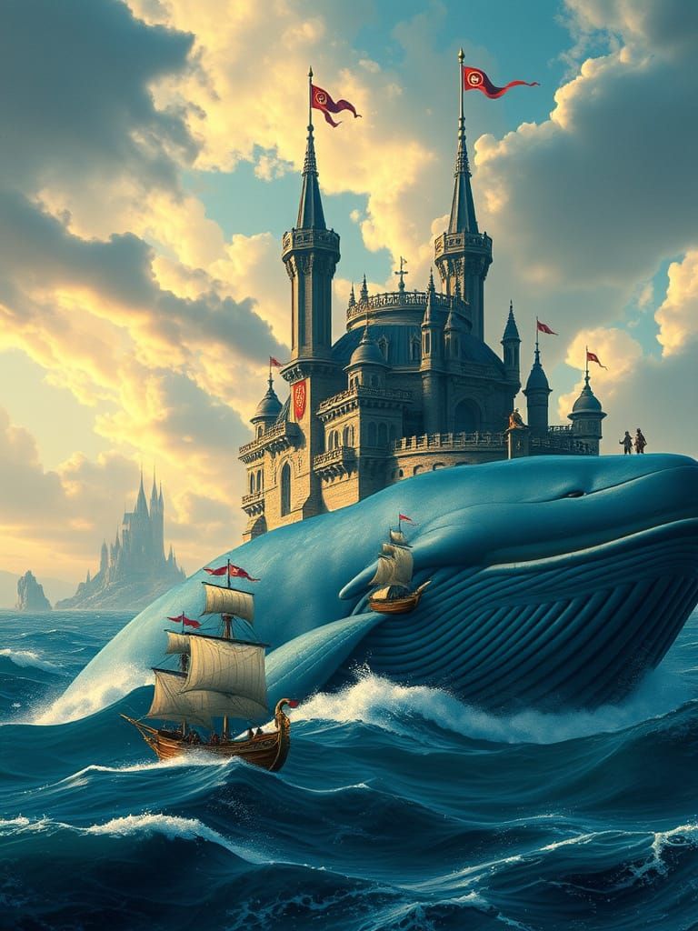 Medieval Blue Whale Castle in a Swirling Cloudscape