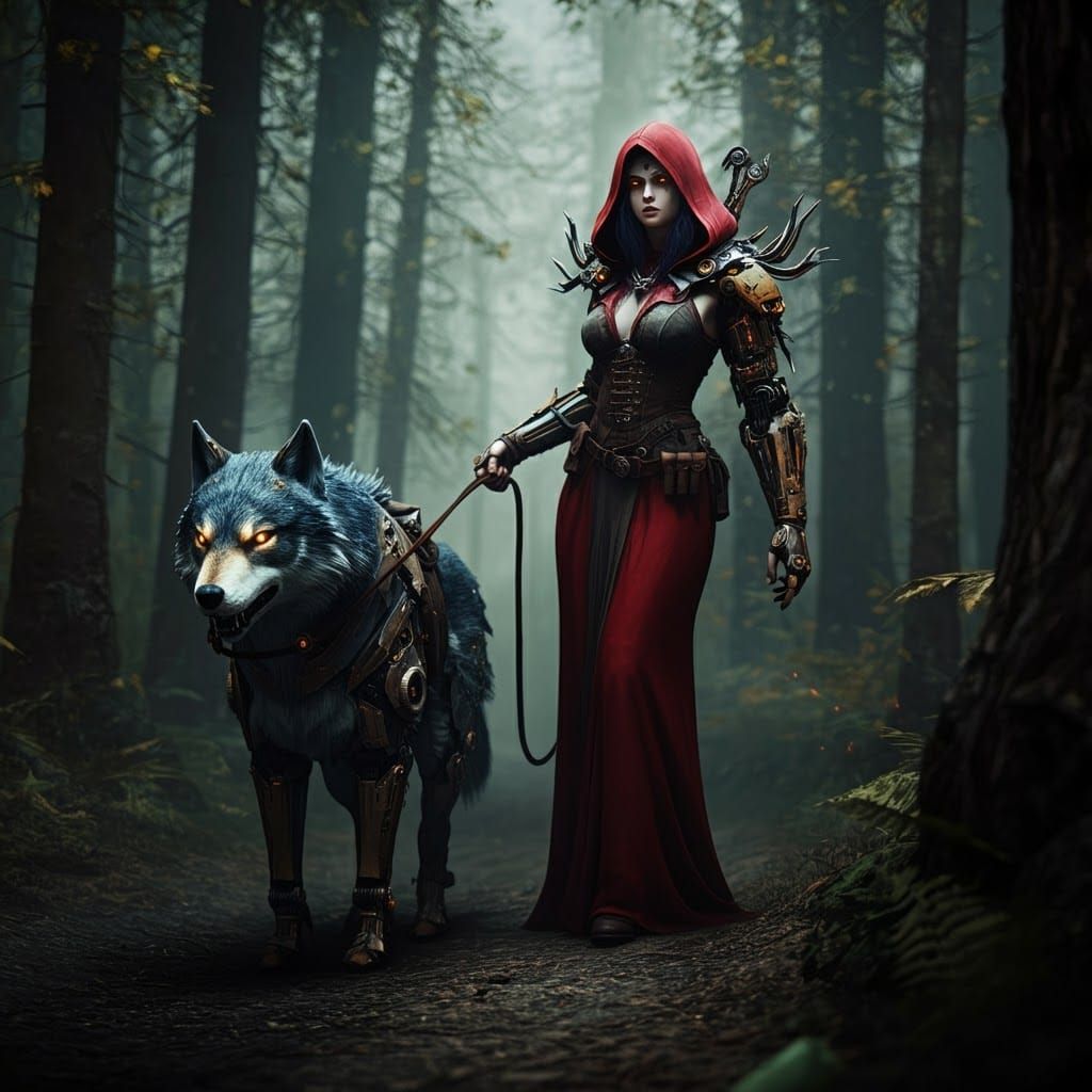 Cyberpunk Woman in Red Dress Walks Dog