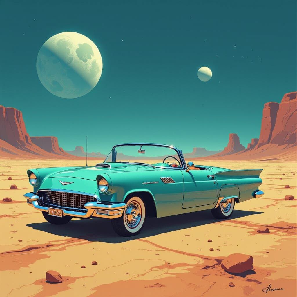 Vintage Convertible on Alien World Under Two Moons