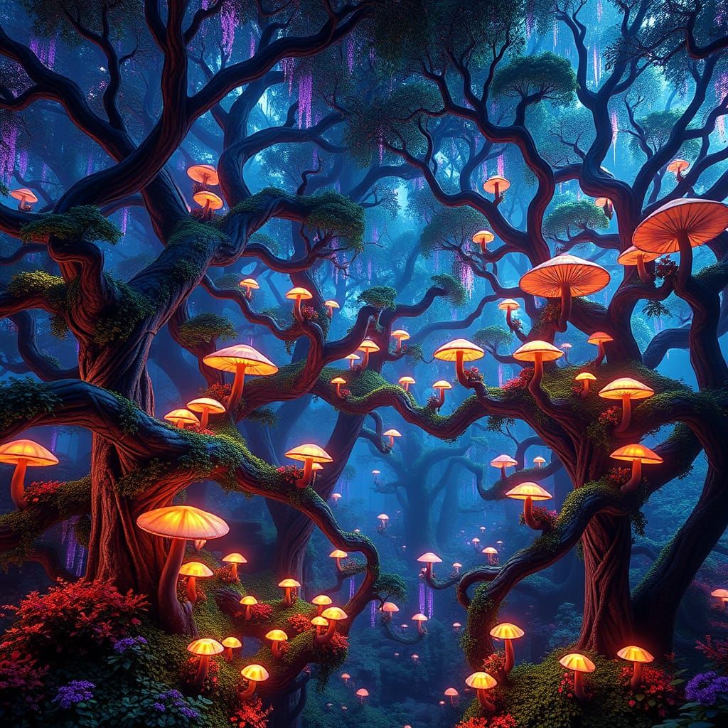 Bioluminescent Fractal Forest Ecosystem in 3D Render