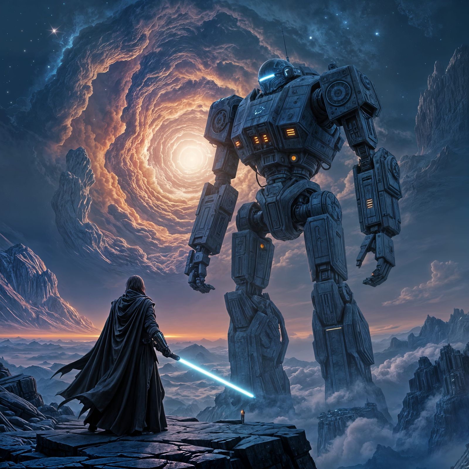 Jedi Knight Overlooks Nebula & Ancient Robot
