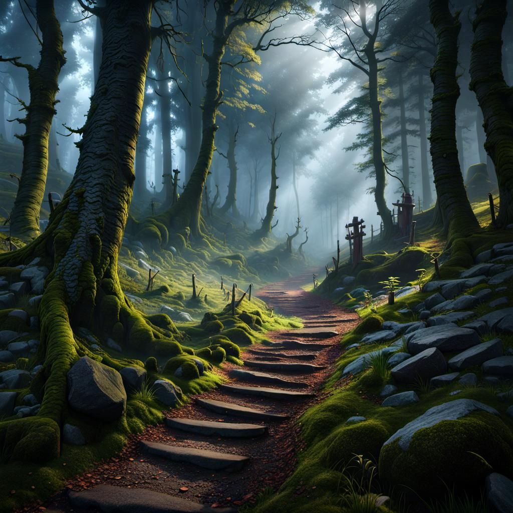 Enchanted Forest Path in Fog: A Grimm Fairytale