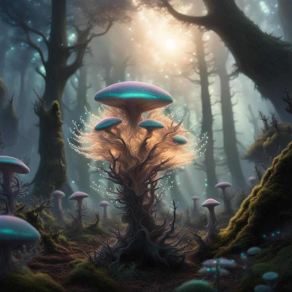 Iridescent Spore Bursting in Alien Forest