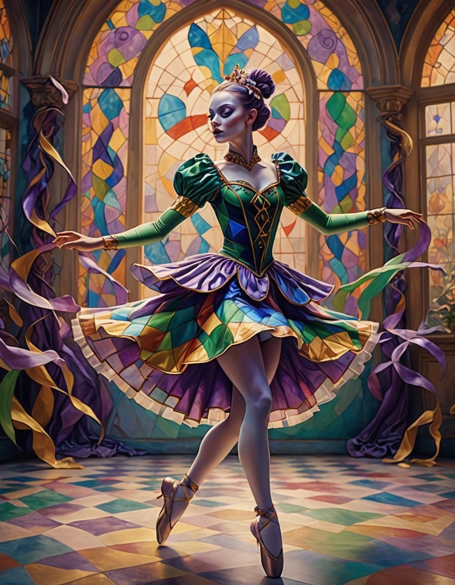 Harlequin Ballerina Dancing in Dreamlike Setting