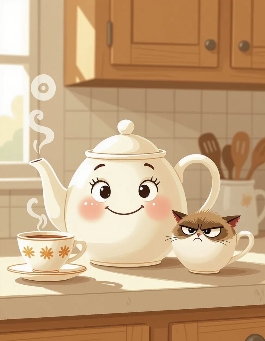 Cheerful Teapot and Grumpy Teacup in Cozy Illustration Style