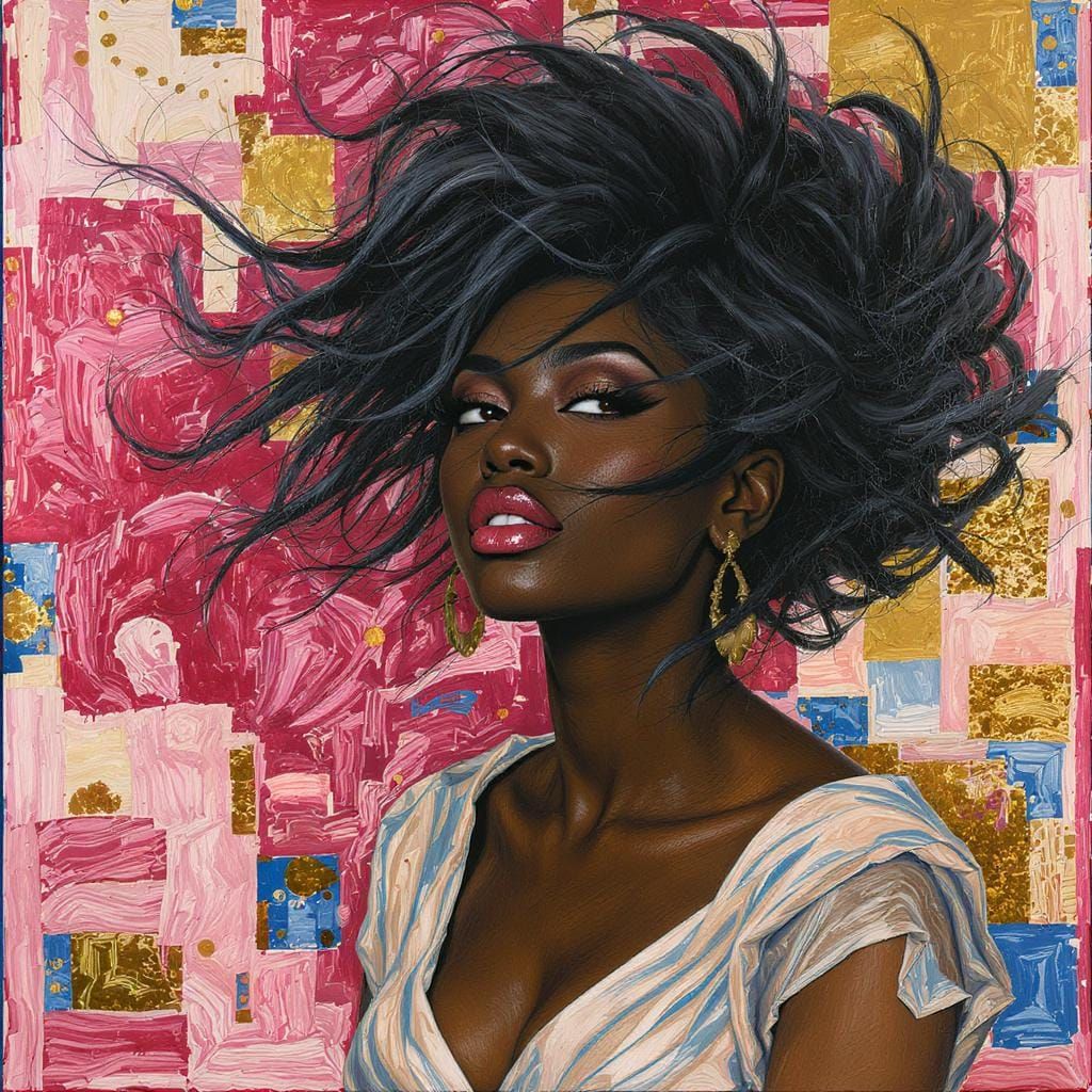 Black Woman Portrait with Impasto Background in Klimt Style