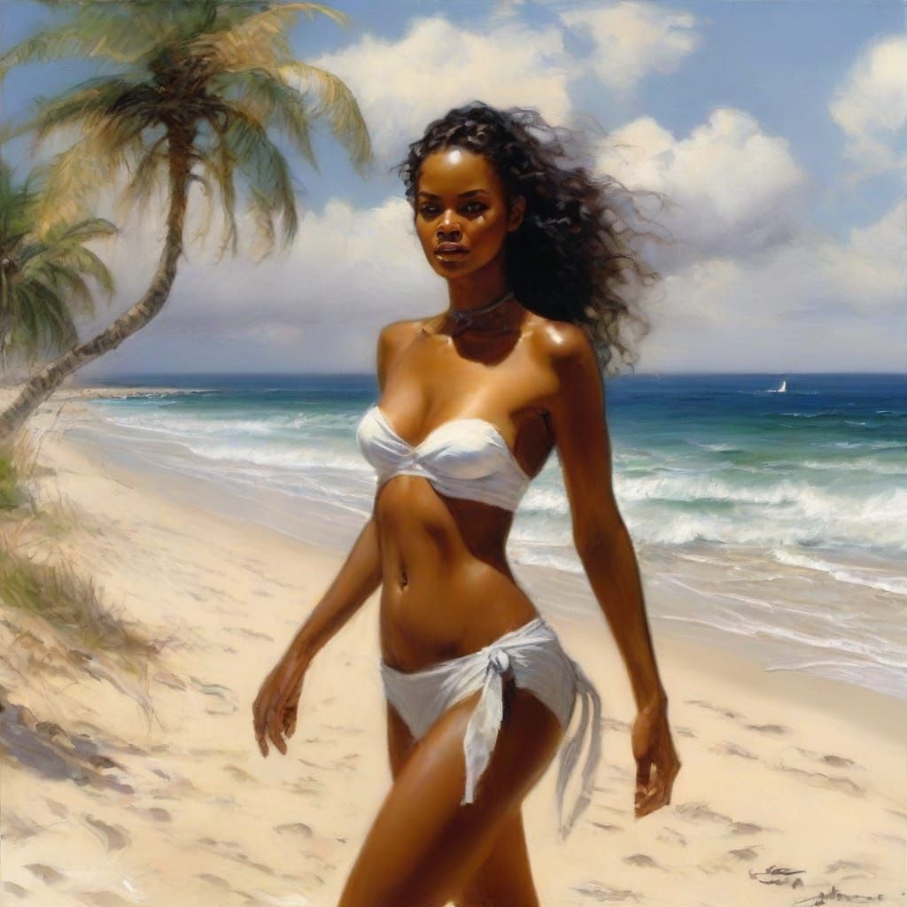 Tropical Beach Impressionism: Woman in White Bikini