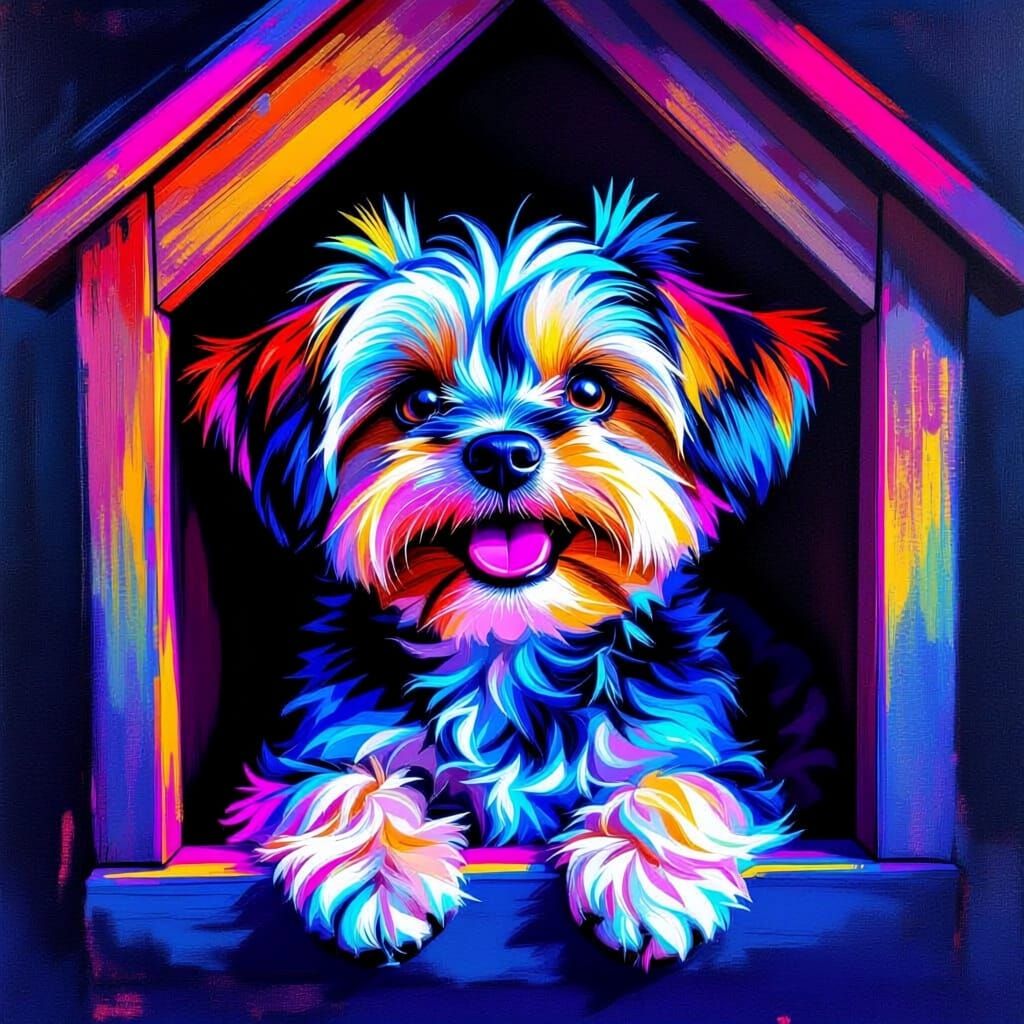 Cute Dog in Fantasy Doghouse with Neon Glow