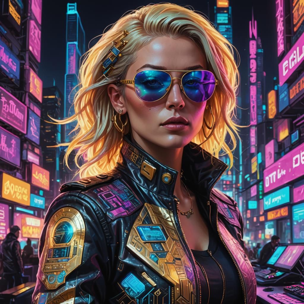 Cyberpunk Woman Working on Holographic Computer in Neon City...