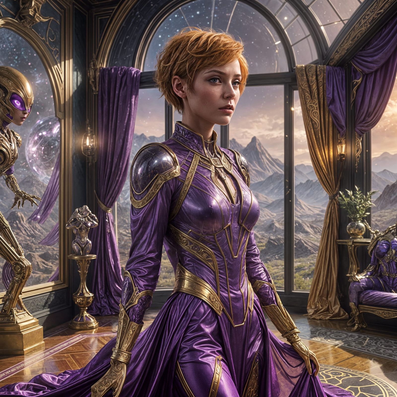 Beautiful Alien Woman in High-Tech Living Room