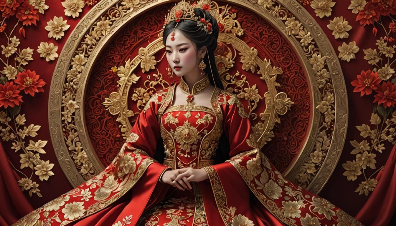 Sumptuous Chinese Empress in Red Silk Hanfu