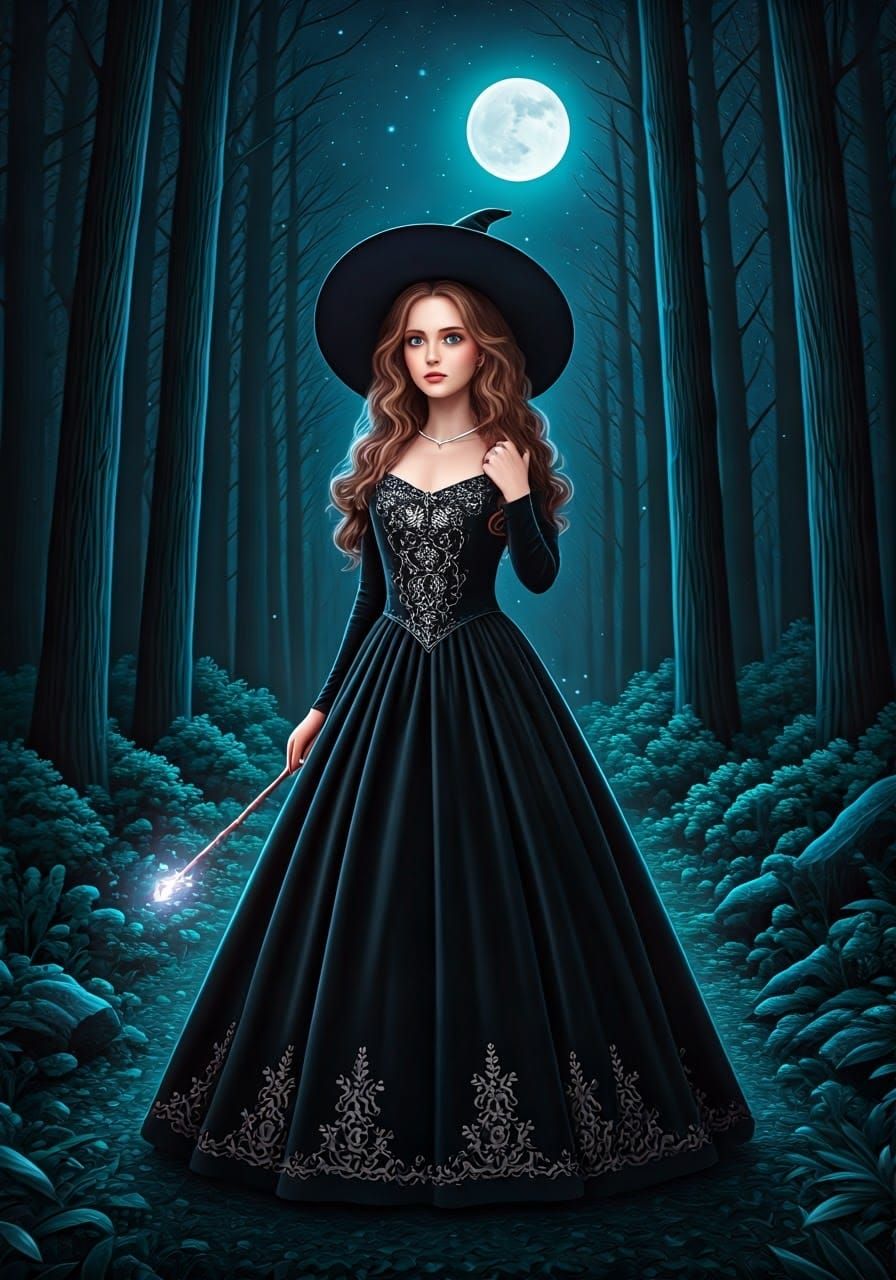 Enchanting Young Witch in Moonlit Forest