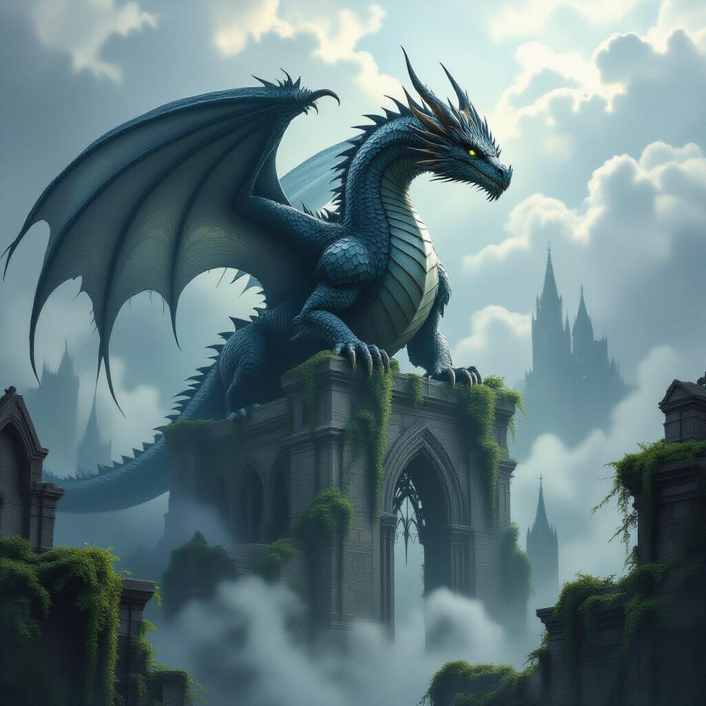 Ancient Dragon on Gothic Ruins in Foggy Light