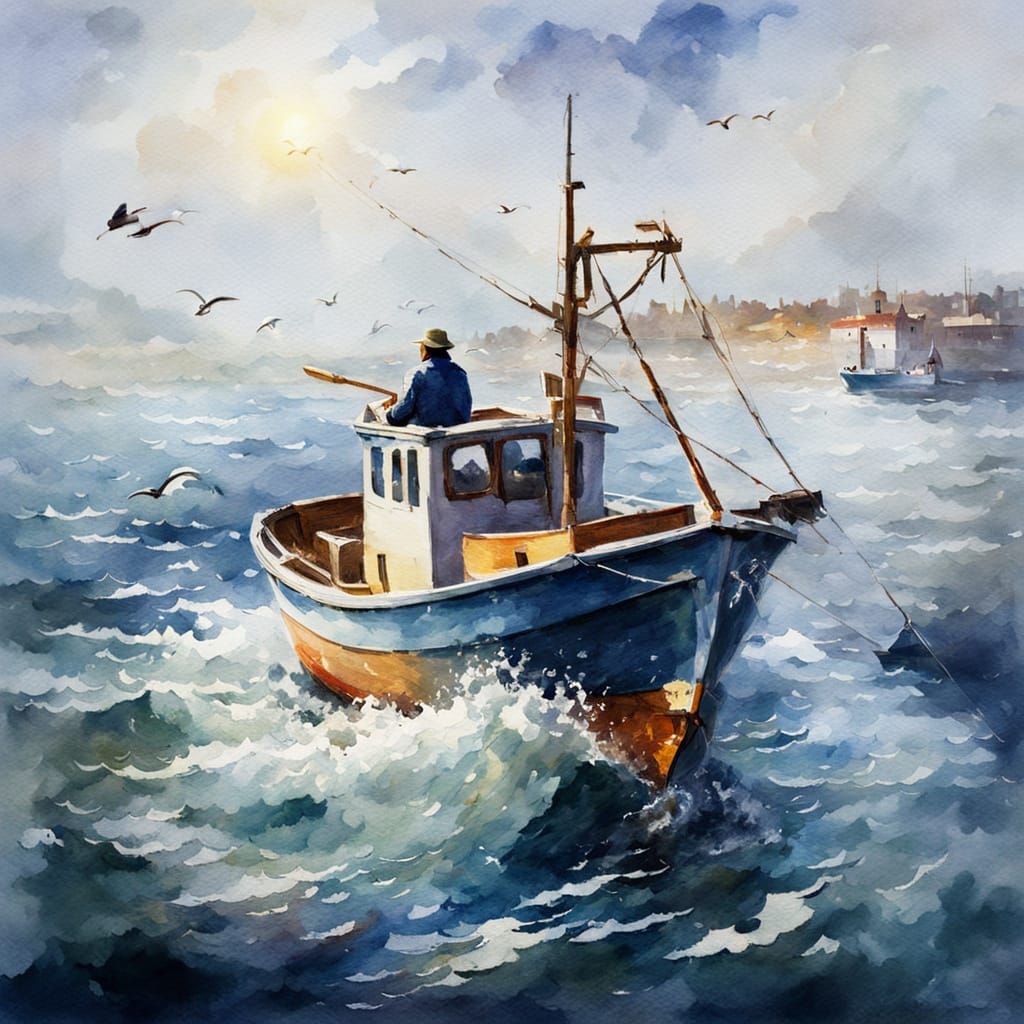 Impressionistic Fisherman at Sea in Watercolor Style
