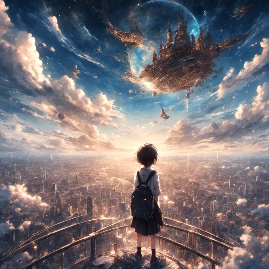 Anime Girl Gazing at Limitless Sky, Manga Style