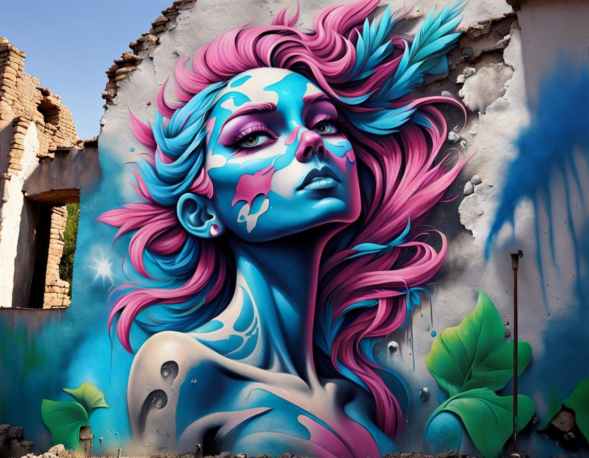 Airbrush Style Street Art on Ruins