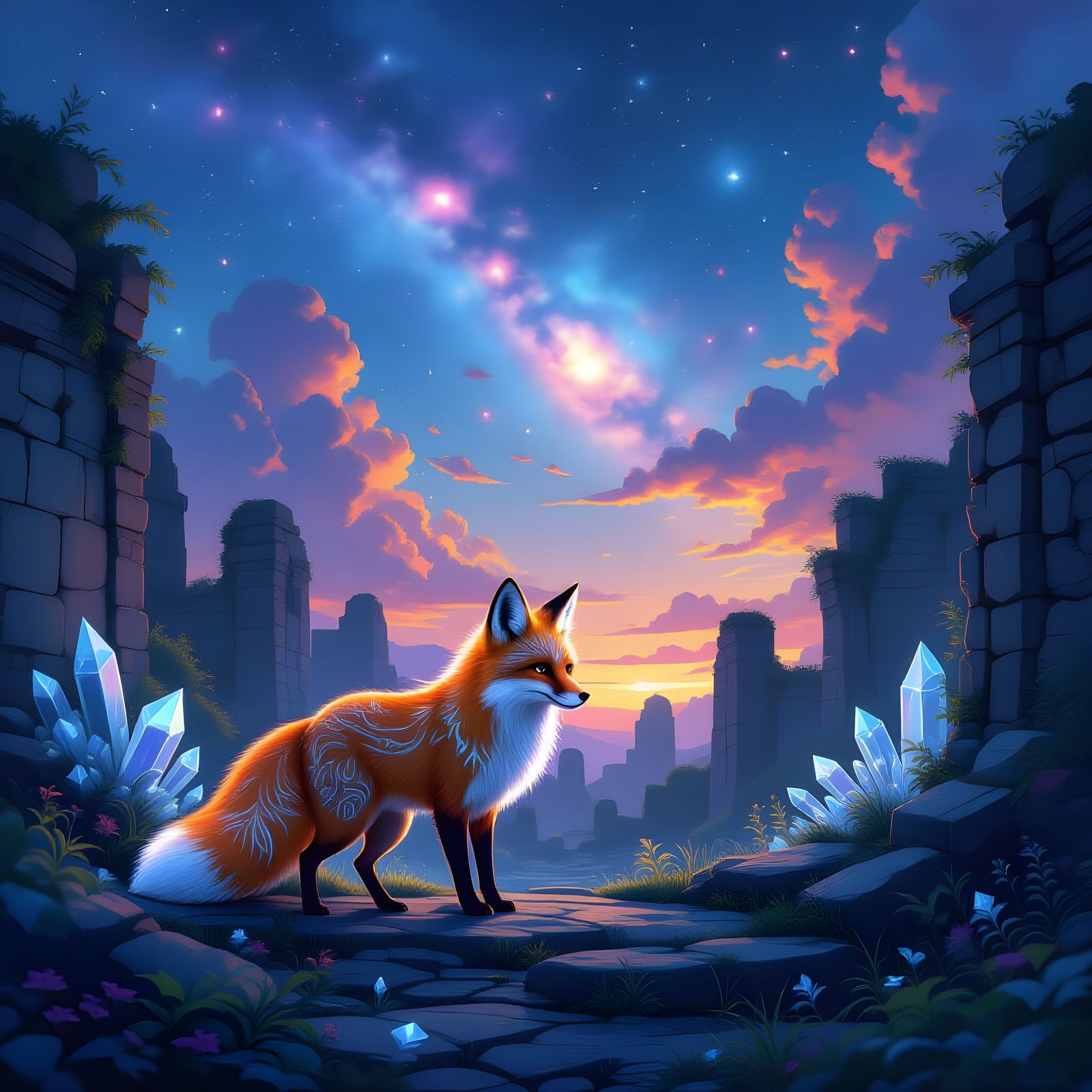 Bioluminescent Fox in Cosmic Ruin