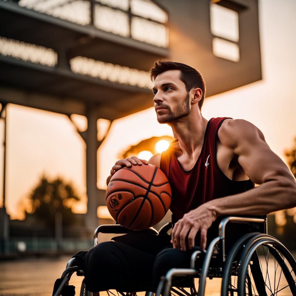 Man in Wheelchair Playing Basketball at Sunset