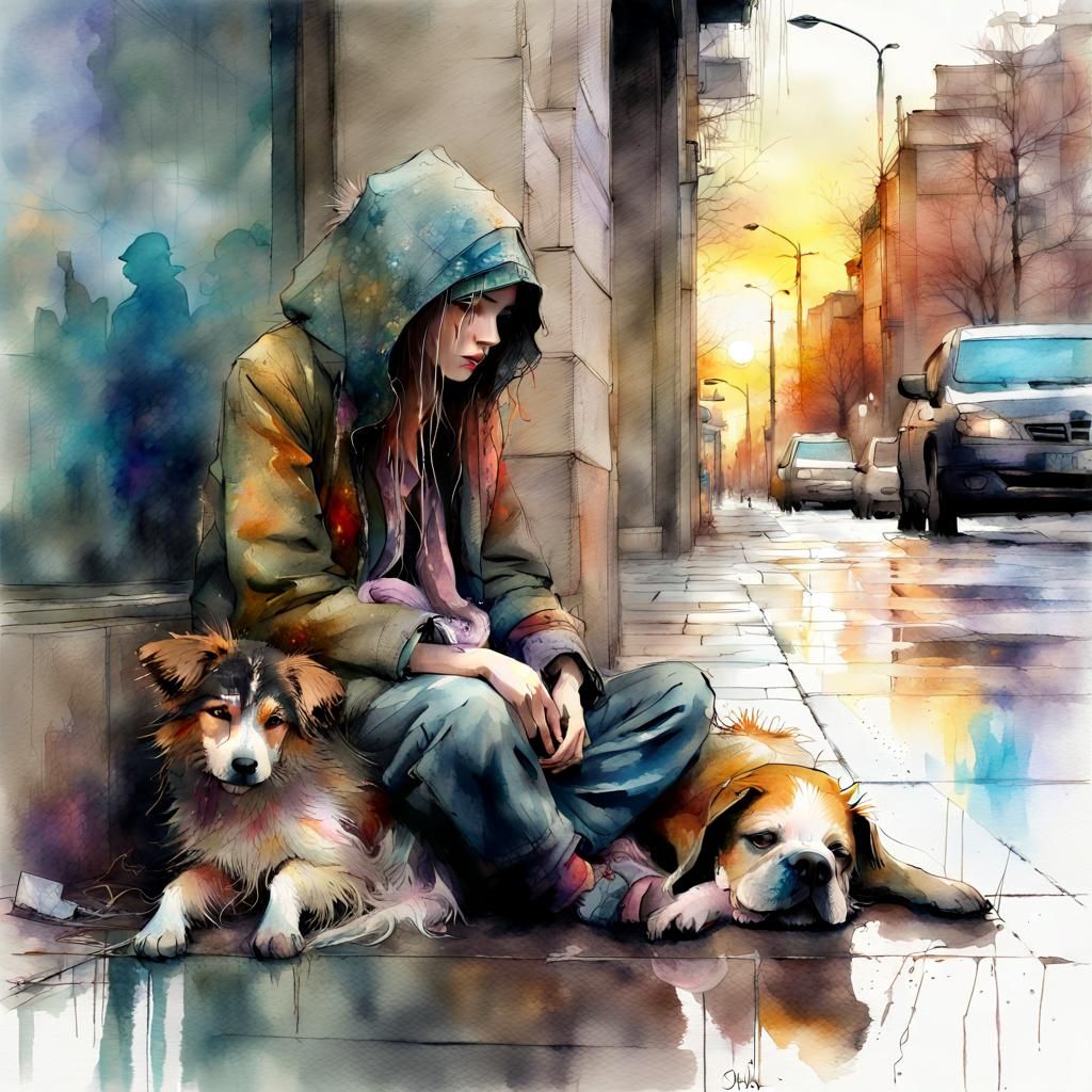 Watercolor of Sad Homeless Girl with Dog
