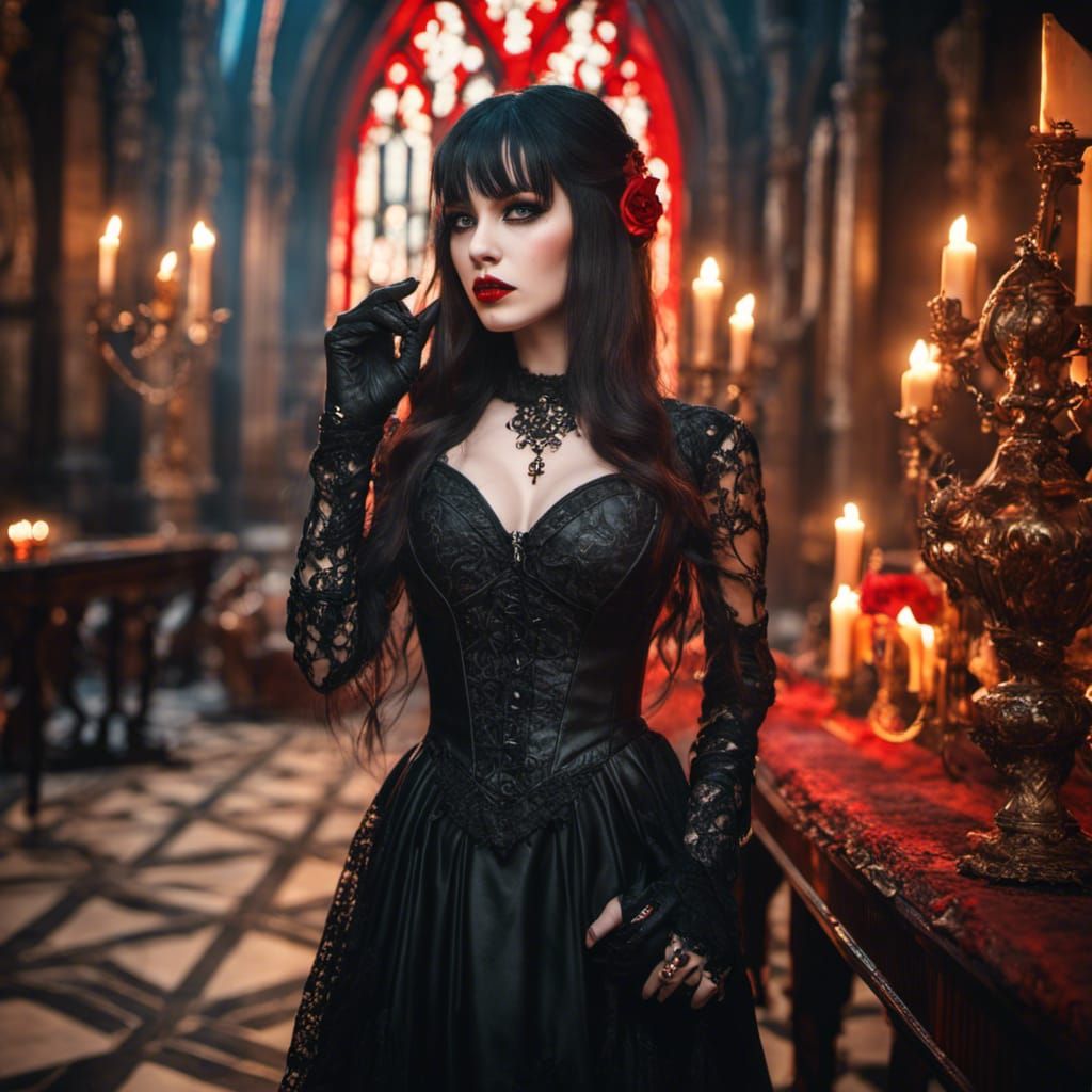 Ethereal Female Vampire with Fangs and Gothic Dress