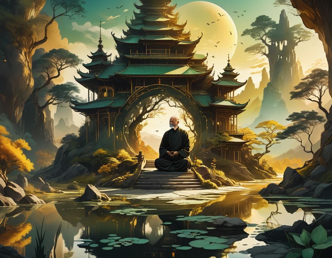 Zen Teacher in Otherworldly Monastery, Alcohol Ink Art