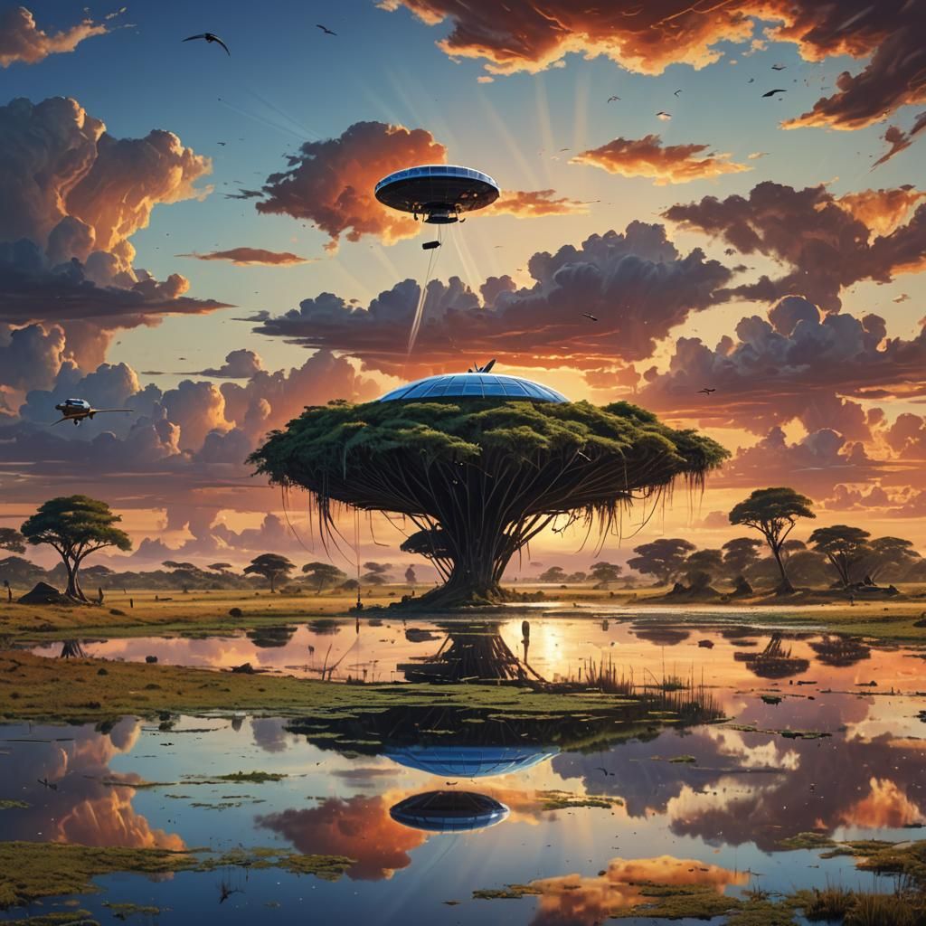 Surreal Serengeti Sunset with Flying Car, Hyperrealistic