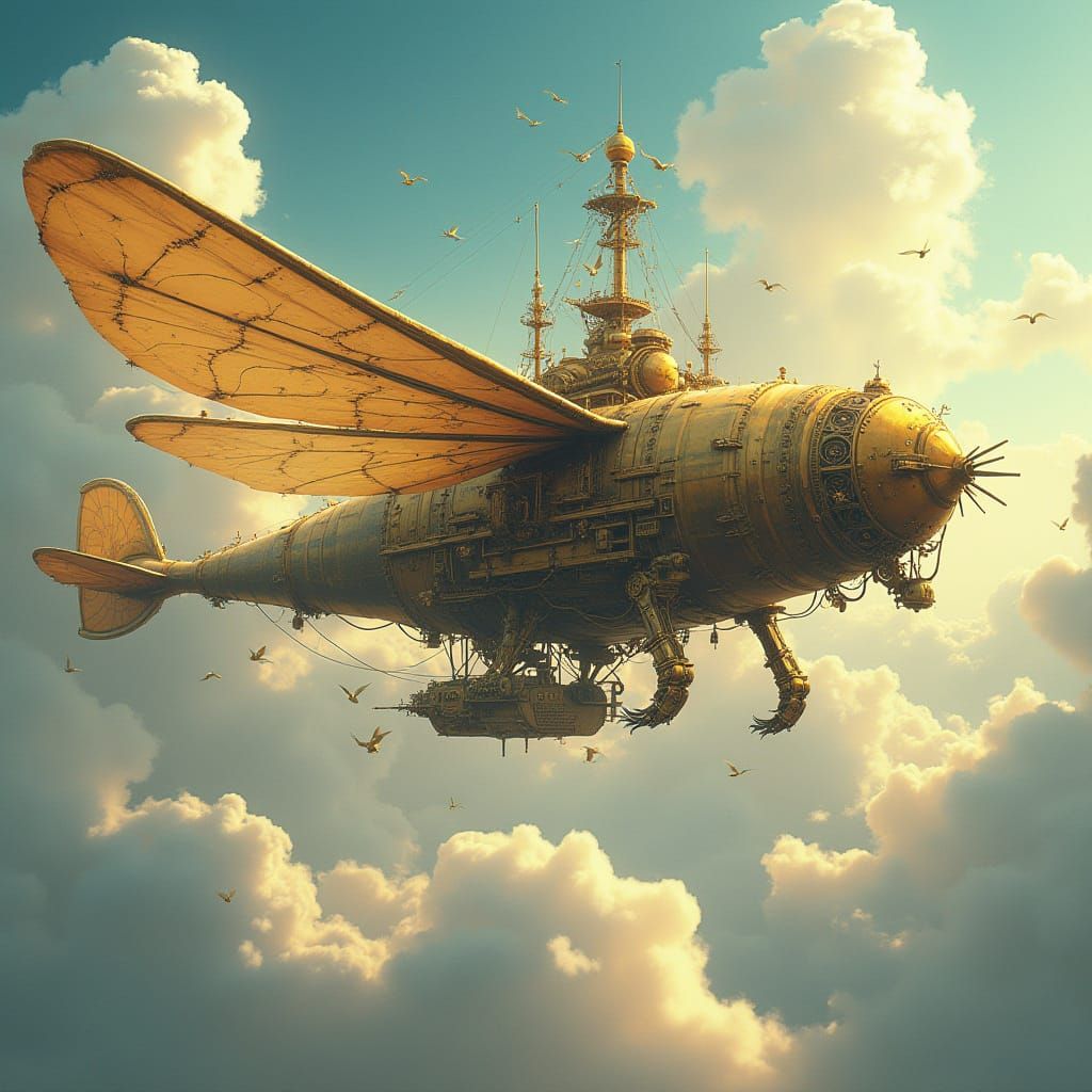 Steampunk Dragonfly Airship Drifting Through Cloudy Skies
