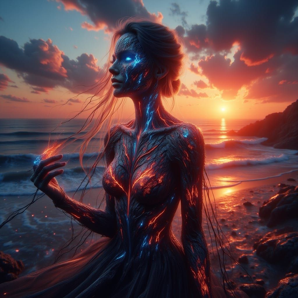 Goddess Silhouette Blended with Sunset Coast in Digital Art