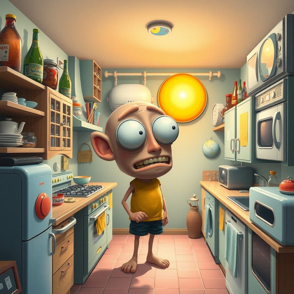 Surrealistic Cartoon Character in a Vibrant Kitchen Scene