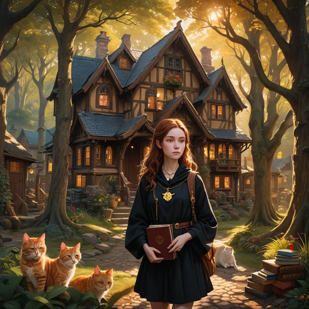 Girl with Cats in Mystic Forest: Fantasy Art