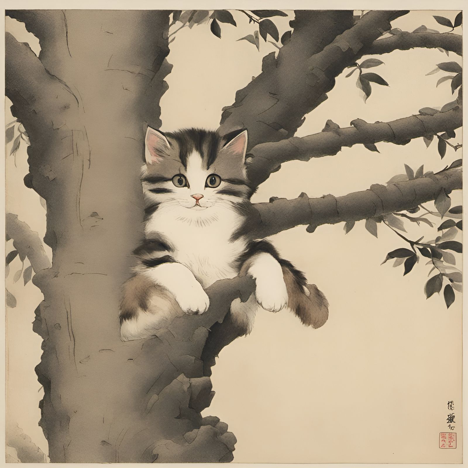 Kitten in Tree, Koson Ohara Style Print