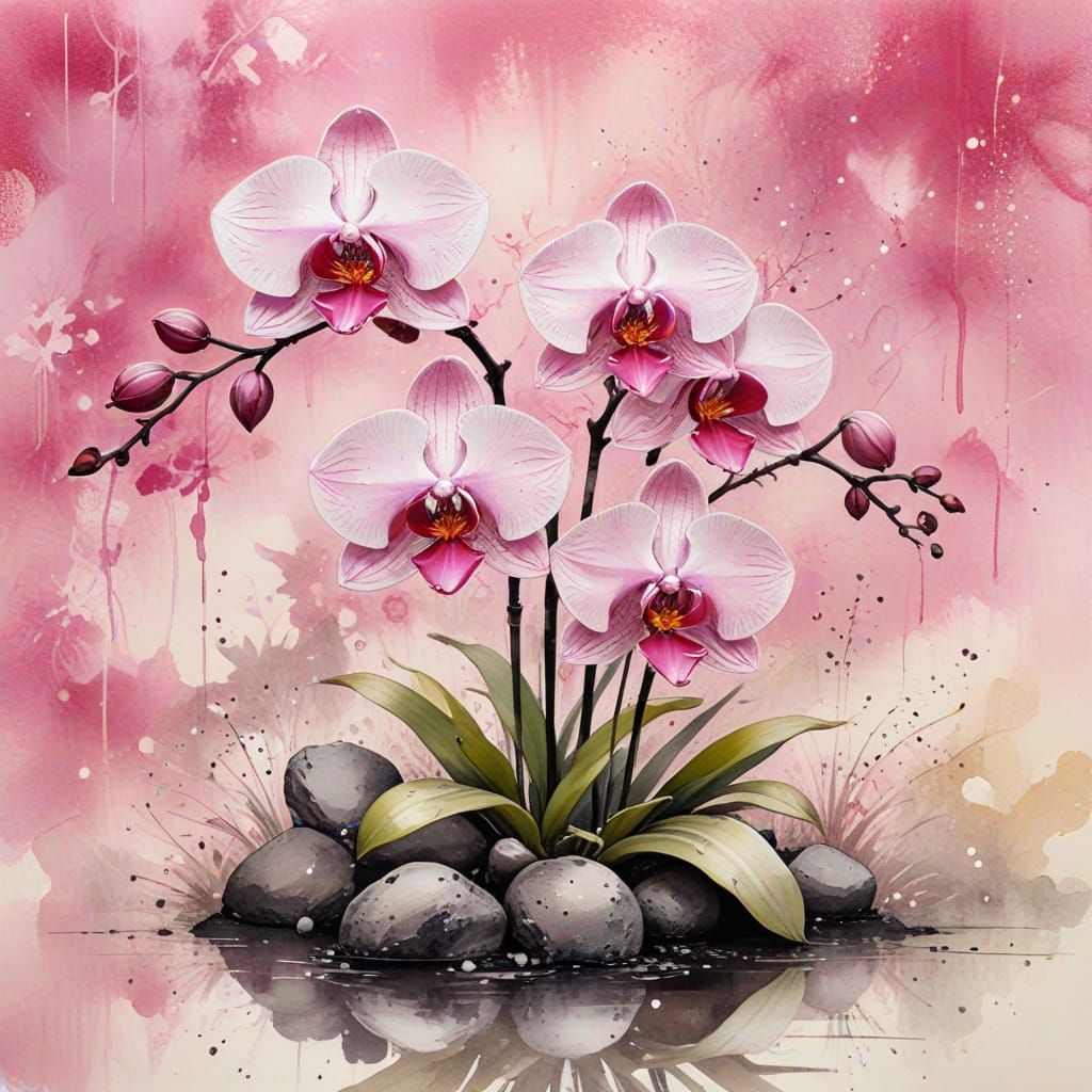 Pink Orchids in Zen Garden as Ink Painting