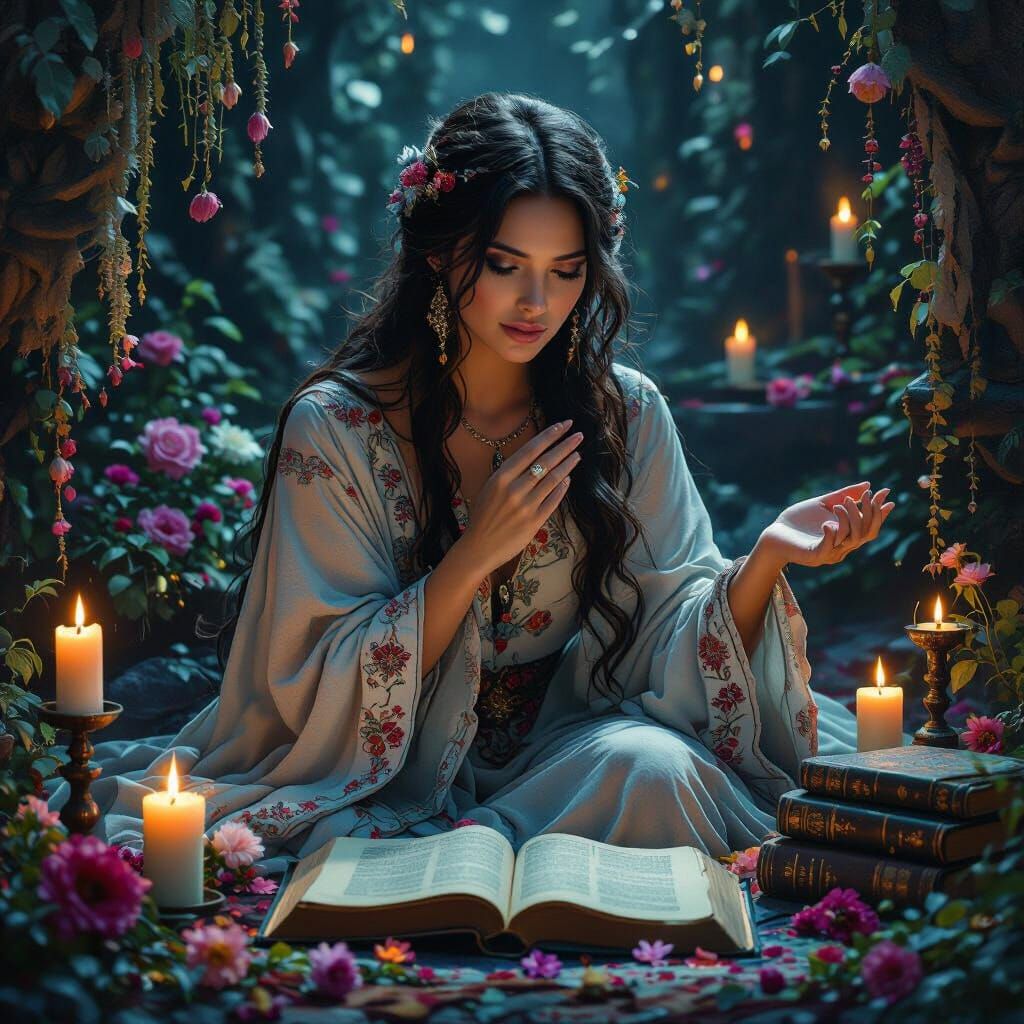 Mystical Woman Surrounded by Whispers of Love