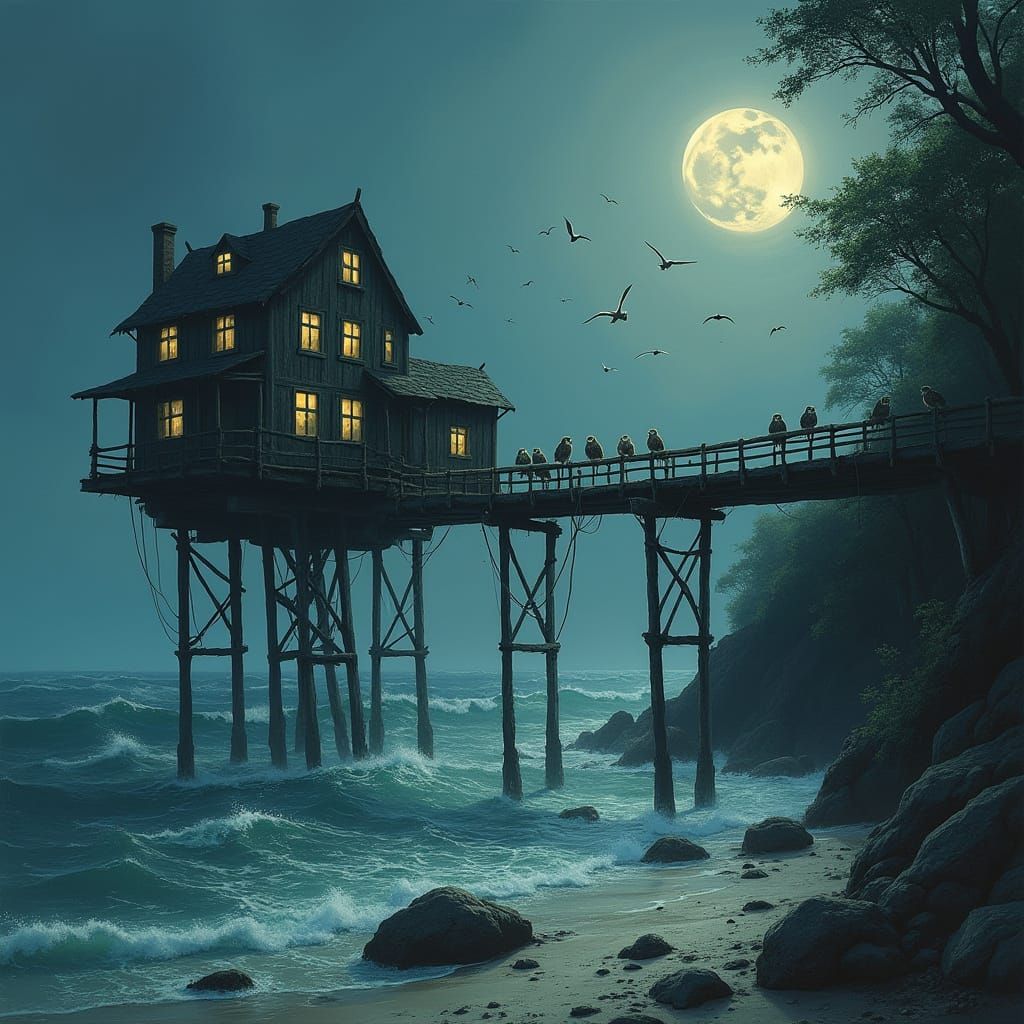 Ethereal Ocean Bridge with Owlets in Flight