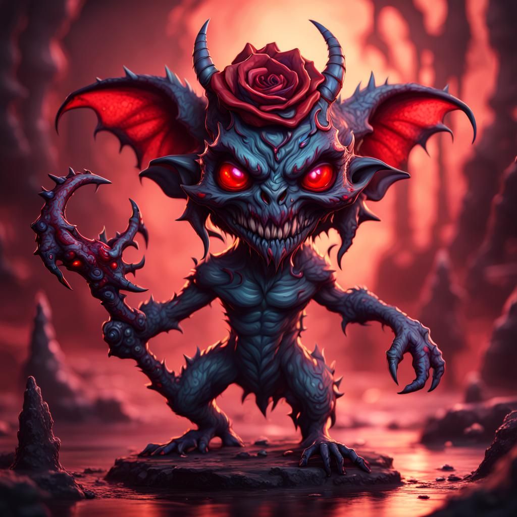 Demonic Chibi Goblin Dragon with Roses