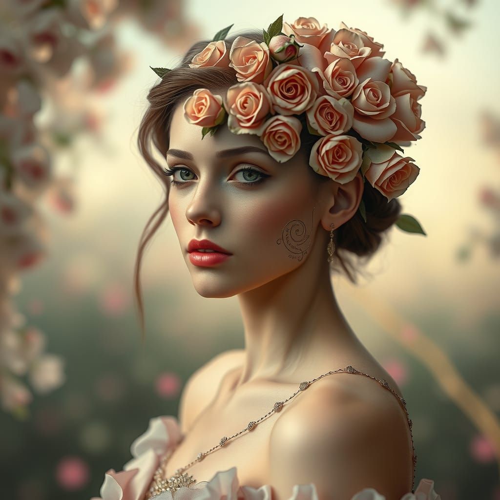 Rose-Faced Woman in Dreamy Digital Portrait
