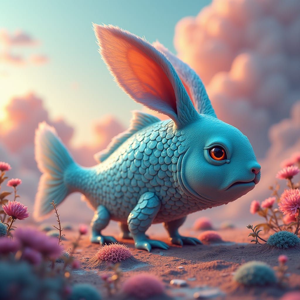 Fish-Rabbit Hybrid in Surreal Fantasy Landscape