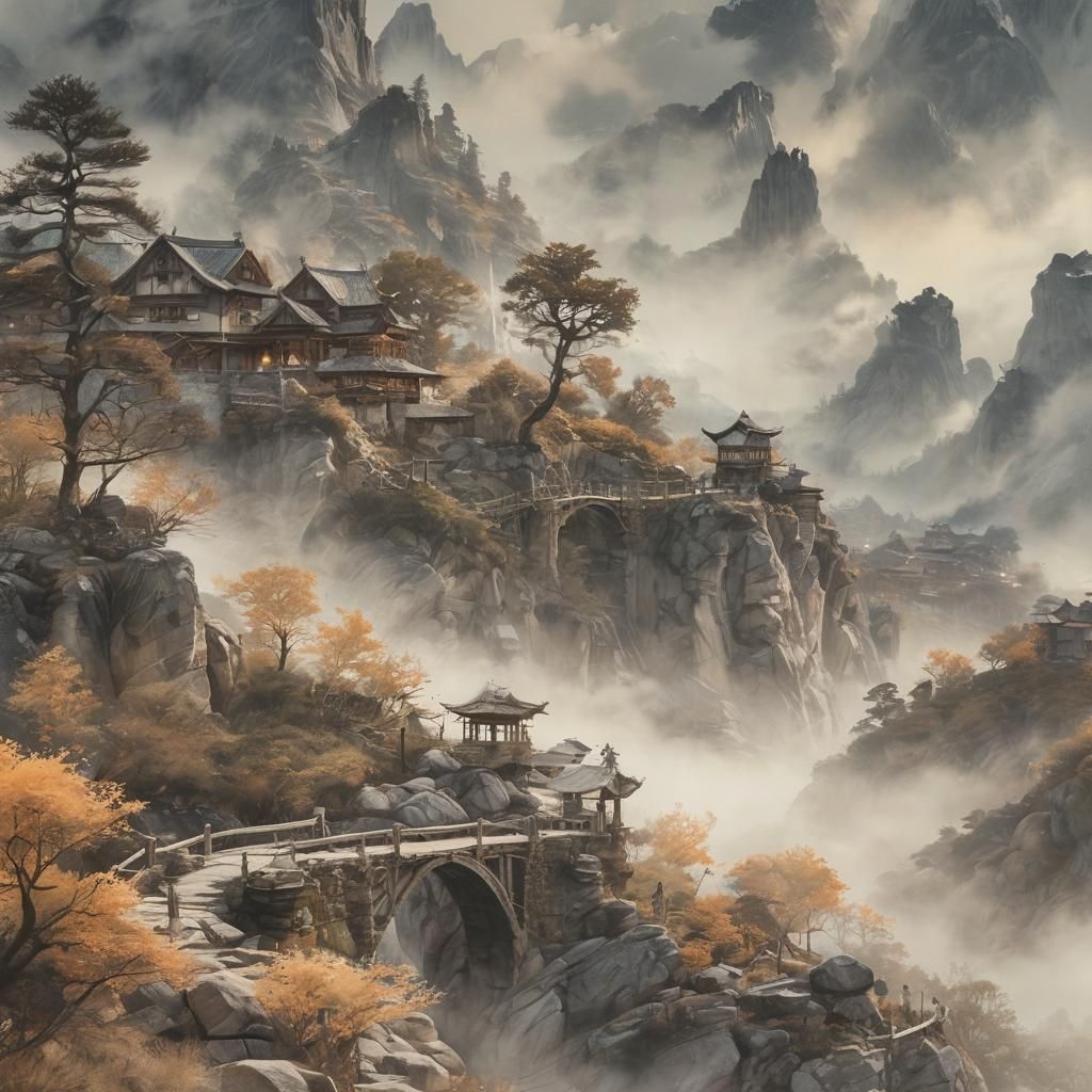 Misty Mountain Village in Atmospheric Watercolor