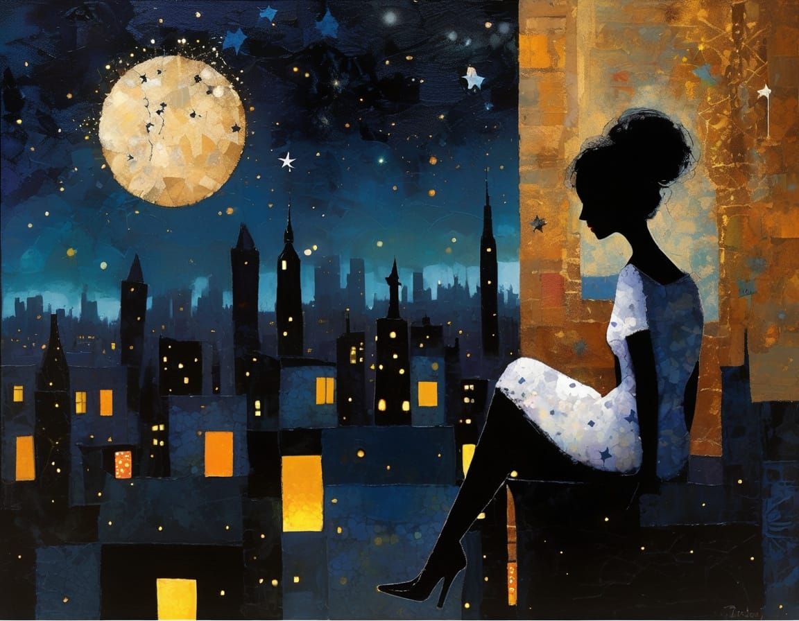 Midnight Cityscape: Lonely Woman Gazing at Stars