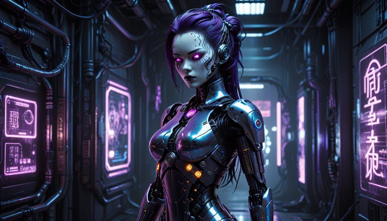 Cyberpunk Gynoid Pinup in Hyperrealistic Digital Art