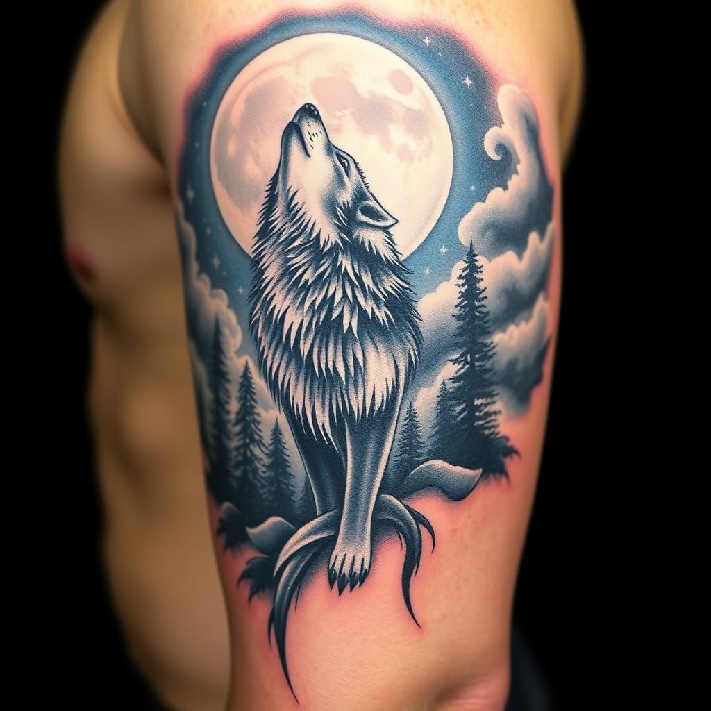 a striking tattoo of a lone wolf howling at the full moon, d...