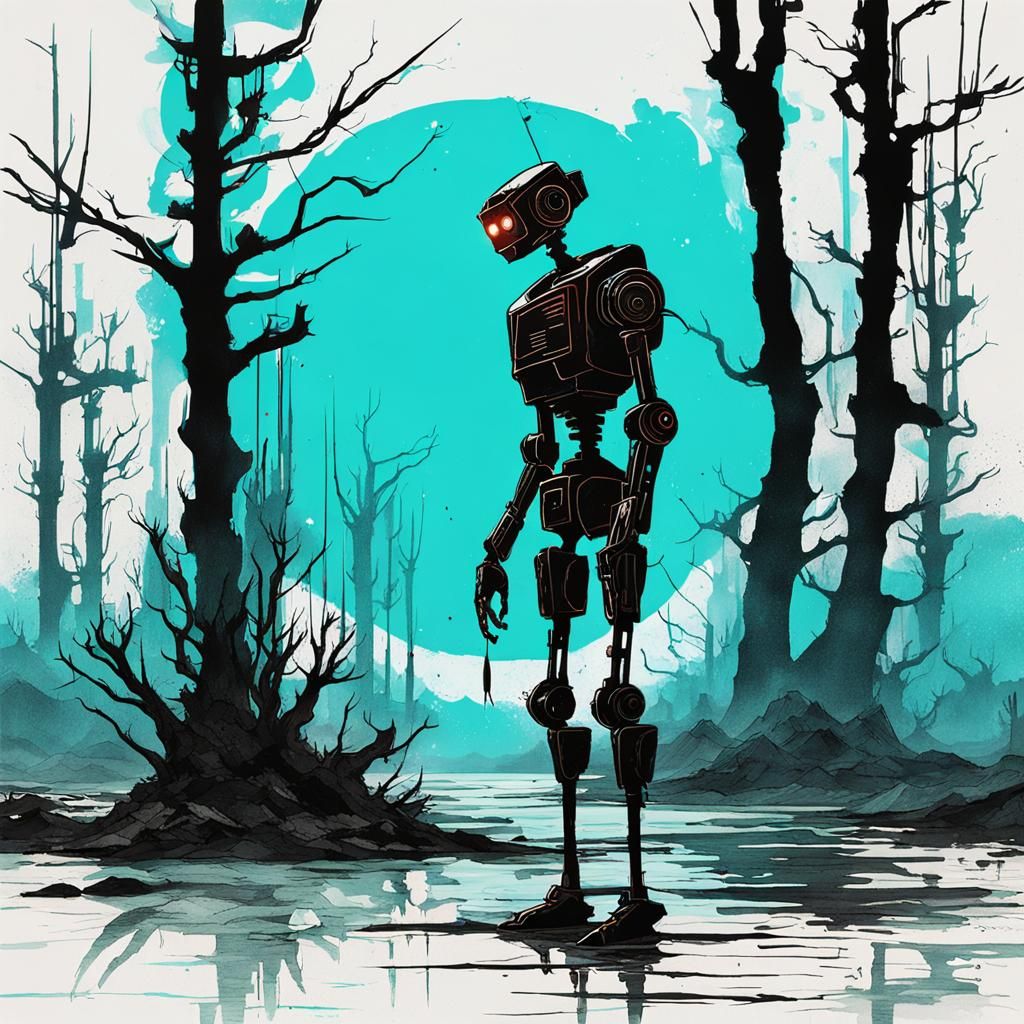 Surreal Robot Silhouette in Cyberpunk Style