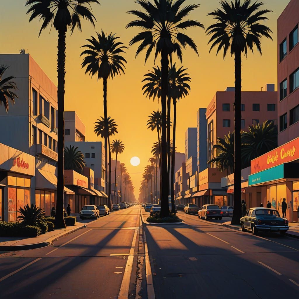 Dreamy Sunset Boulevard Scene in Art Deco Style