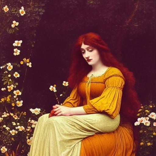 Lady on Golden Throne in Pre-Raphaelite Style