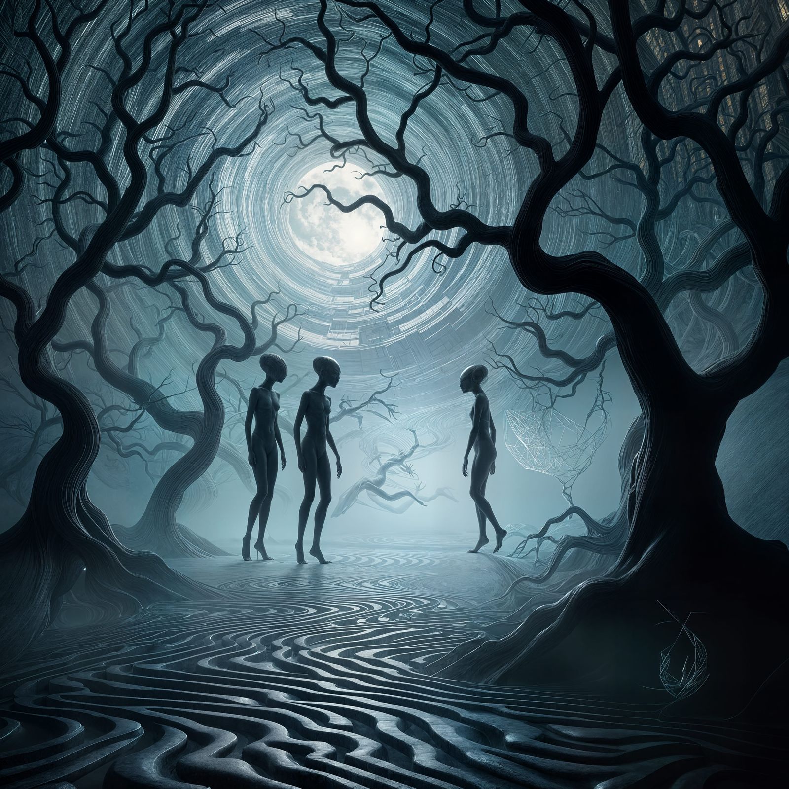 Surreal Alien Silhouettes in Dreamlike Forest, 3D Render