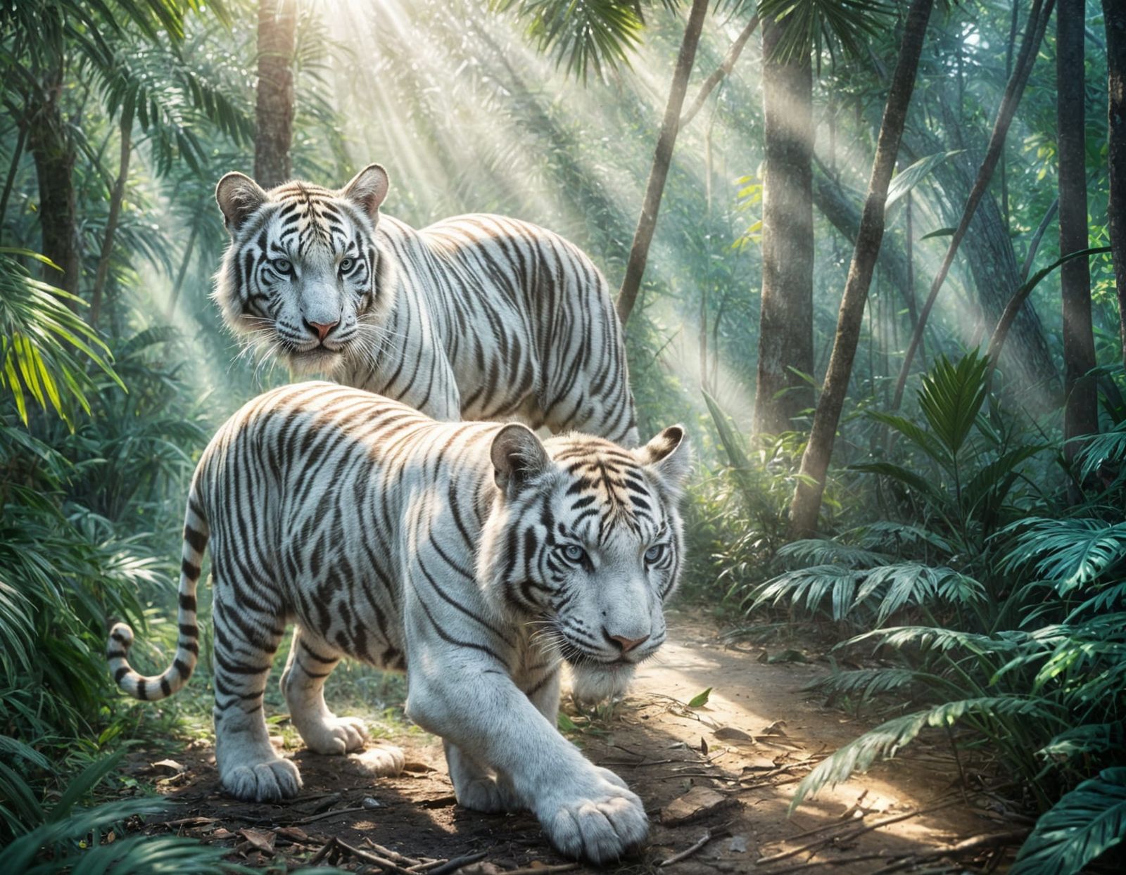 White Tiger Cubs Playing in African Jungle